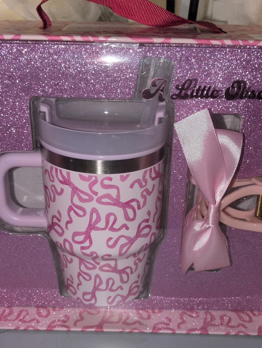 Pink Bow Pattern Tumbler & Bow Gift Set - Hair Clip Very Nice Gift